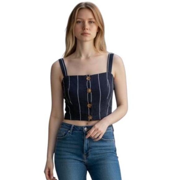 COTTON ON DENIM BLUE & WHITE STRIPE BUTTON FRONT CROP TOP SZ.S EUC. - Picture 1 of 5